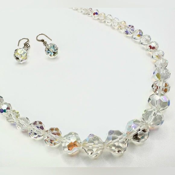 Vintage 1950s Aurora Borealis Faceted Bead Necklace Pierced Earring Set - Picture 2 of 12